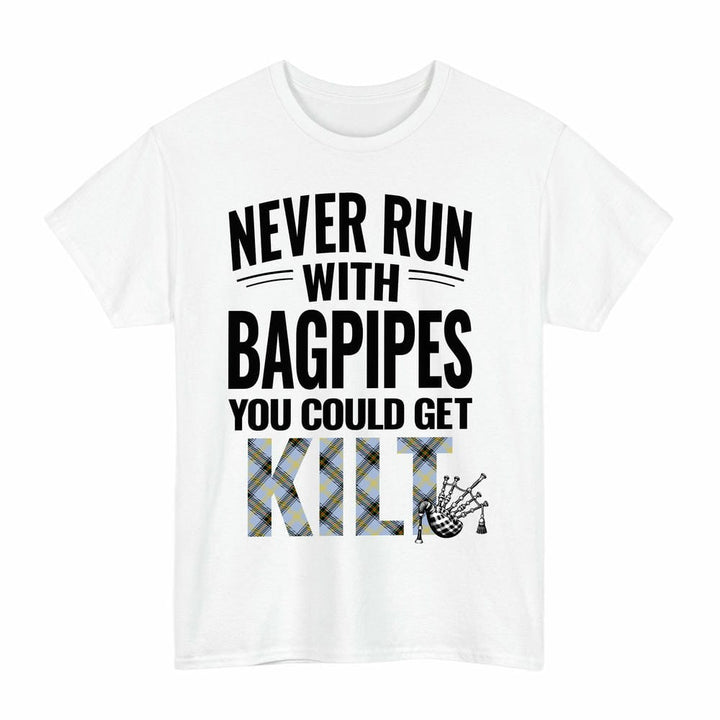 Scottish Bell of the Borders Clan Tartan Never Run With Bagpipes T-Shirt Tartan Plaid White Color