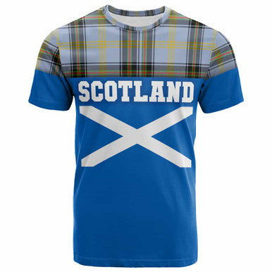 Scottish Bell of the Borders Clan Tartan T-Shirt - Lion Rampant of Scotland With Flag Front Side Tartan Plaid