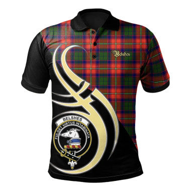Scottish Belshes Clan Crest Tartan Polo Shirt Believe in Me Front Side Tartan Plaid