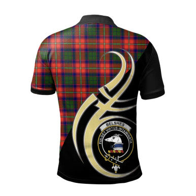 Scottish Belshes Clan Crest Tartan Polo Shirt Believe in Me Back Side Tartan Plaid