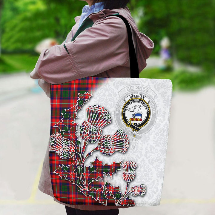 Scottish Belshes Clan Tartan Canvas Bag With Shoulder Straps - Thistle Flowers Style Tartan Plaid 2