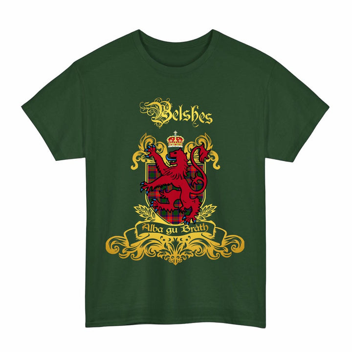 Scottish Belshes Clan Tartan Lion Rampant of Scotland T-Shirt Tartan Plaid Forest Green Color