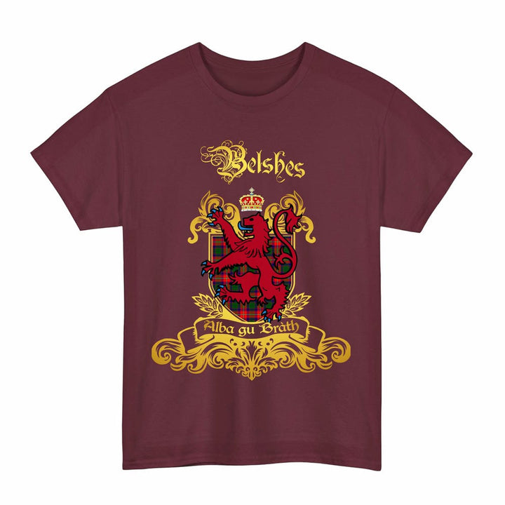 Scottish Belshes Clan Tartan Lion Rampant of Scotland T-Shirt Tartan Plaid Maroon Color