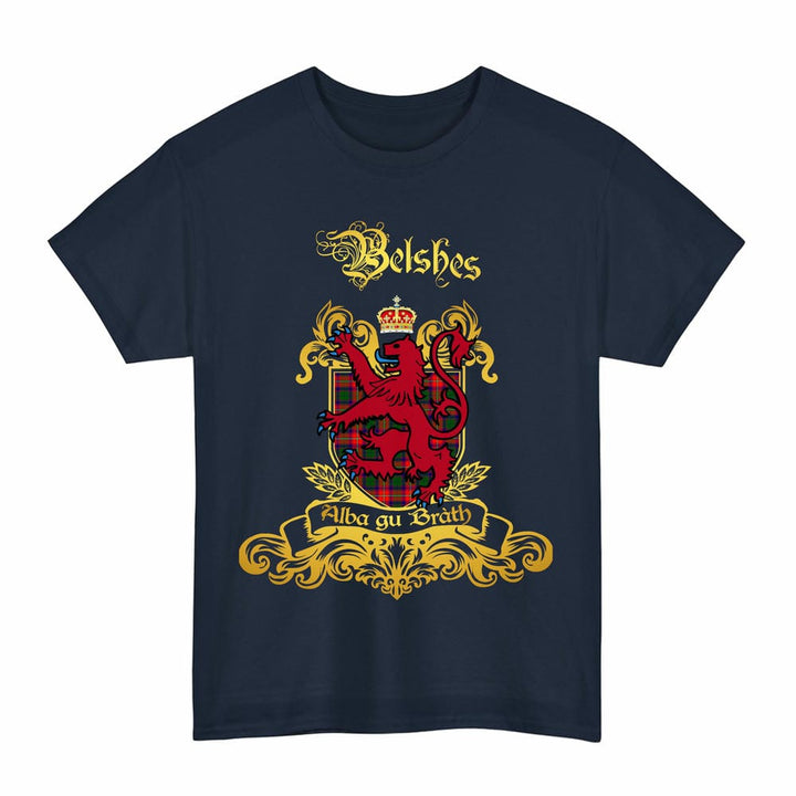 Scottish Belshes Clan Tartan Lion Rampant of Scotland T-Shirt Tartan Plaid Navy Color