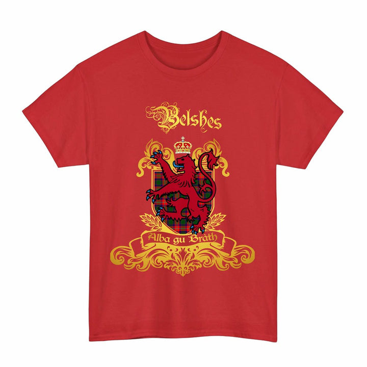 Scottish Belshes Clan Tartan Lion Rampant of Scotland T-Shirt Tartan Plaid Red Color