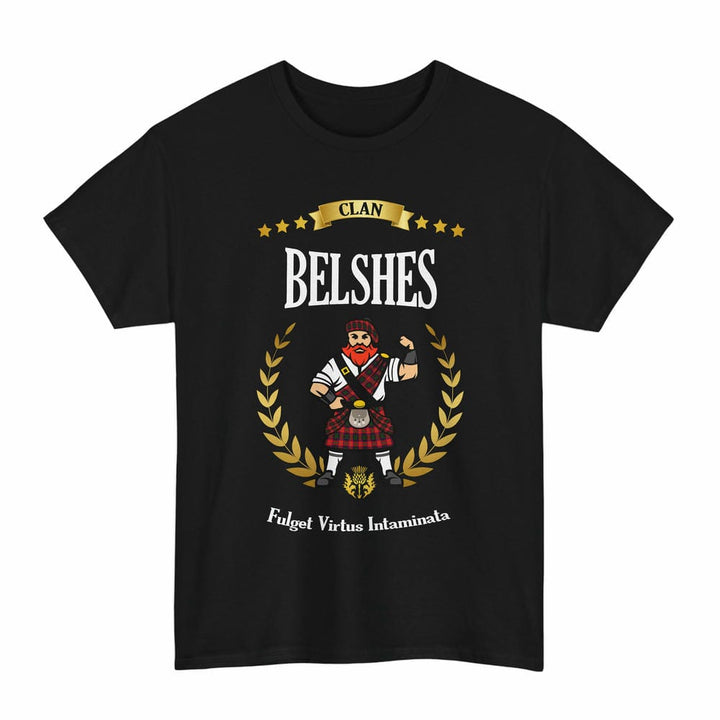 Scottish Belshes Clan Tartan T-Shirt - Motto Scotsman Tartan Plaid Black Color
