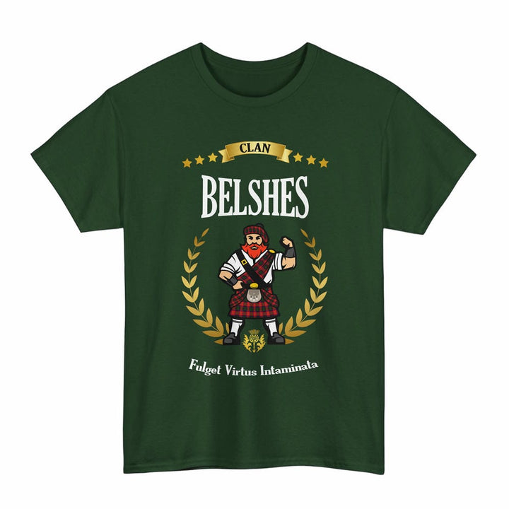 Scottish Belshes Clan Tartan T-Shirt - Motto Scotsman Tartan Plaid Forest Green Color