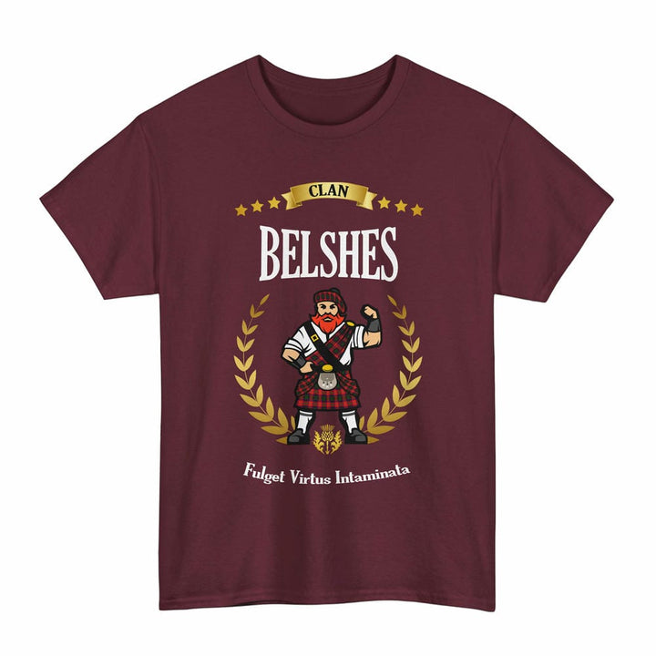 Scottish Belshes Clan Tartan T-Shirt - Motto Scotsman Tartan Plaid Maroon Color