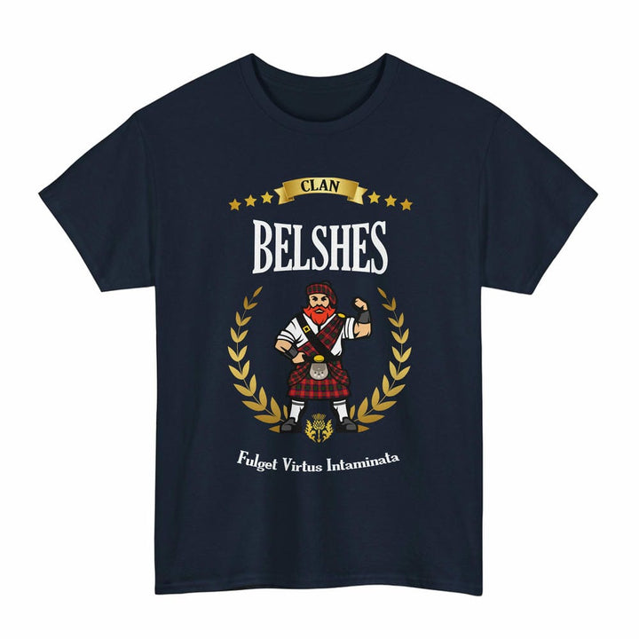 Scottish Belshes Clan Tartan T-Shirt - Motto Scotsman Tartan Plaid Navy Color
