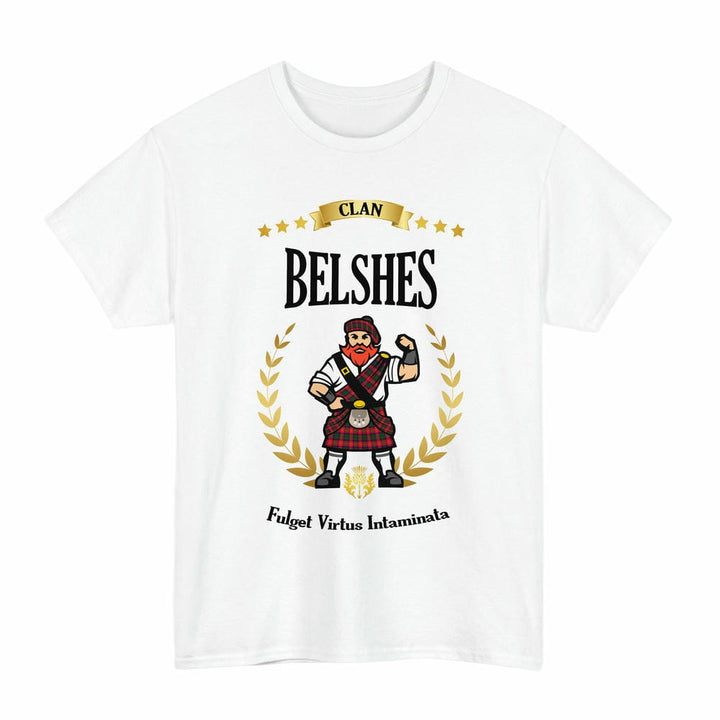 Scottish Belshes Clan Tartan T-Shirt - Motto Scotsman Tartan Plaid White Color