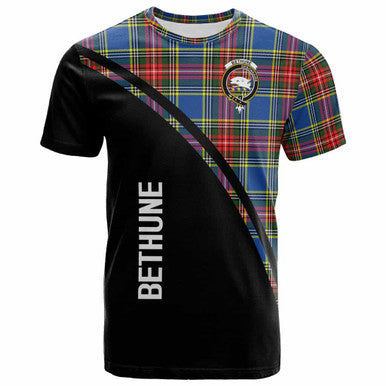 Scottish Bethune Clan Crest Tartan Curve T-Shirt Front Side Tartan Plaid