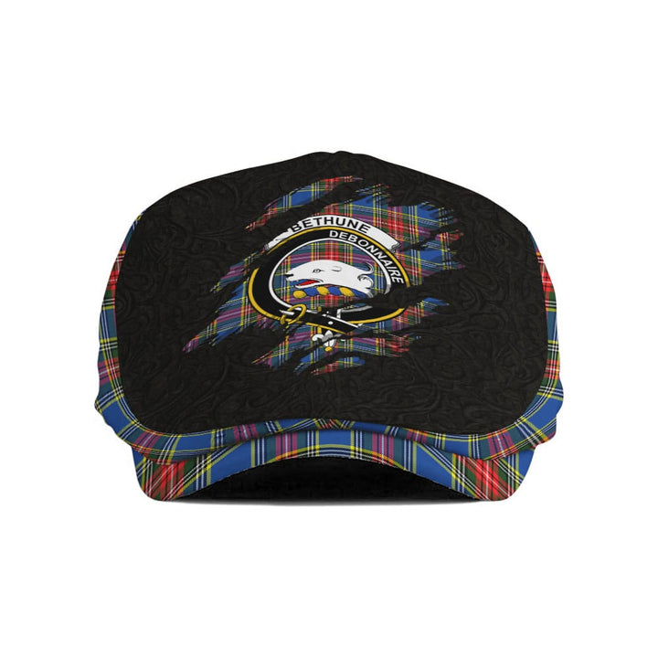 Scottish Bethune Clan Crest Tartan Flat Cap - Scratch Style Tartan Plaid 1