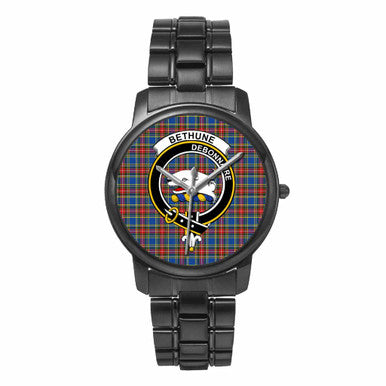 Scottish Bethune Clan Crest Tartan Folding Clasp Steel Quartz Watches Tartan Plaid Black 1
