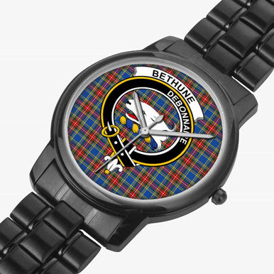 Scottish Bethune Clan Crest Tartan Folding Clasp Steel Quartz Watches Tartan Plaid Black 2