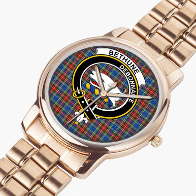 Scottish Bethune Clan Crest Tartan Folding Clasp Steel Quartz Watches Tartan Plaid Rose Gold 2