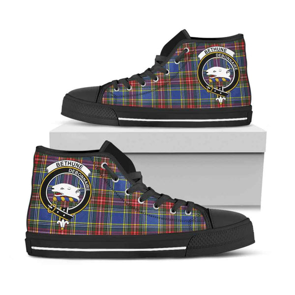 Scottish Bethune Clan Crest Tartan High Top Shoes Black Sole Tartan Plaid