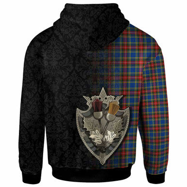 Scottish Bethune Clan Crest Tartan Hoodie - Half Thistle Flowers Celtic Design Back Side Tartan Plaid