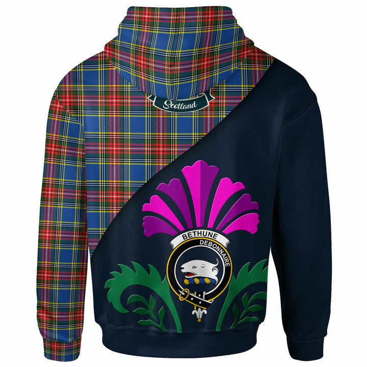 Scottish Bethune Clan Crest Tartan Hoodie - Scotland Thistle Style Back Side Tartan Plaid