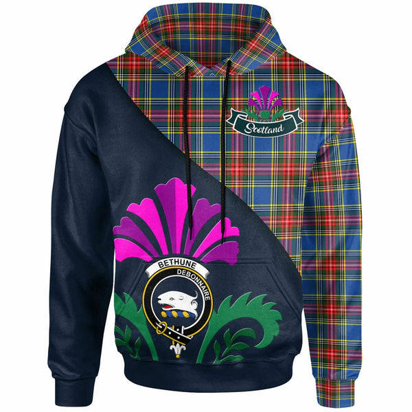 Scottish Bethune Clan Crest Tartan Hoodie - Scotland Thistle Style Front Side Tartan Plaid