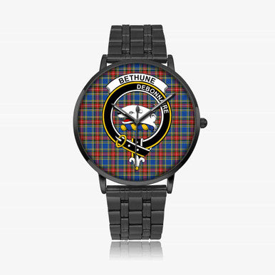 Scottish Bethune Clan Crest Tartan Instafamous Steel Quartz Watches Tartan Plaid Black 1