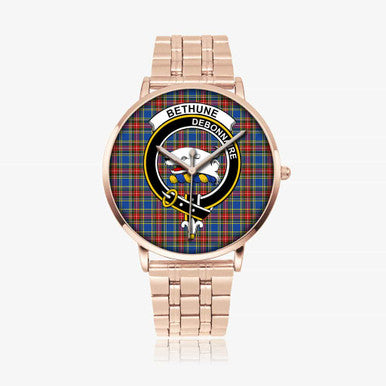 Scottish Bethune Clan Crest Tartan Instafamous Steel Quartz Watches Tartan Plaid Rose Gold 1