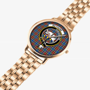 Scottish Bethune Clan Crest Tartan Instafamous Steel Quartz Watches Tartan Plaid Rose Gold 2