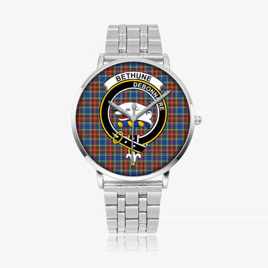 Scottish Bethune Clan Crest Tartan Instafamous Steel Quartz Watches Tartan Plaid Silver 1