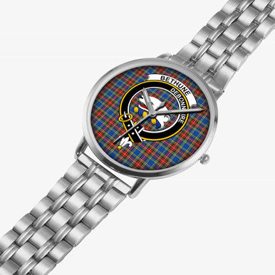 Scottish Bethune Clan Crest Tartan Instafamous Steel Quartz Watches Tartan Plaid Silver 2