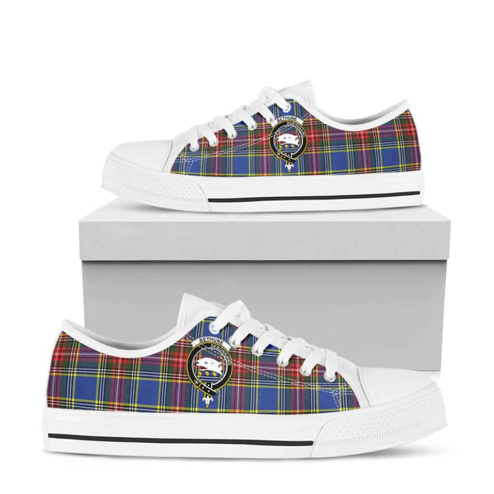 Scottish Bethune Clan Crest Tartan Low Top Shoes Tartan Plaid White