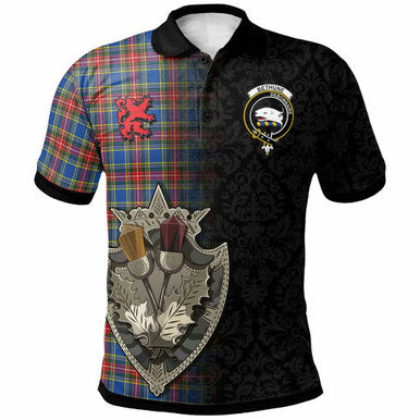 Scottish Bethune Clan Crest Tartan Polo Shirt - Half Thistle Flowers Celtic Design Front Side Tartan Plaid