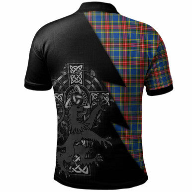 Scottish Bethune Clan Crest Tartan Polo Shirt - Lion Rampant Celtic Cross Flash Style Back Side Tartan Plaid