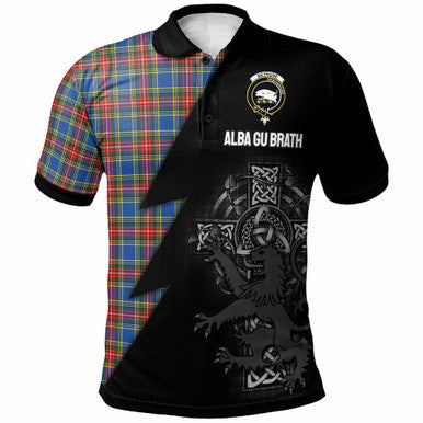 Scottish Bethune Clan Crest Tartan Polo Shirt - Lion Rampant Celtic Cross Flash Style Front Side Tartan Plaid