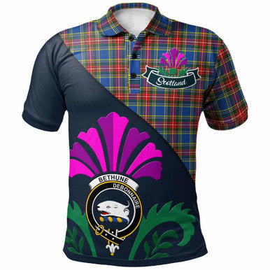 Scottish Bethune Clan Crest Tartan Polo Shirt - Scotland Thistle Style Front Side Tartan Plaid
