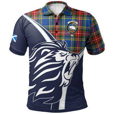 Scottish Bethune Clan Crest Tartan Polo Shirt - Scottish Flag With Lion Front Side Tartan Plaid