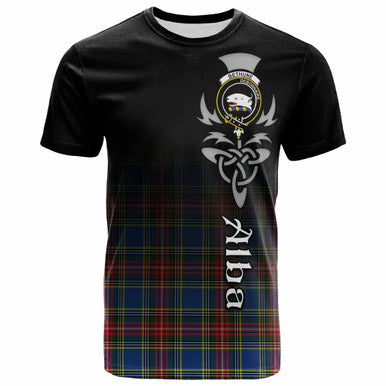 Scottish Bethune Clan Crest Tartan T-Shirt - Alba Gu Brath Family Crest Celtic Inspired Front Side Tartan Plaid