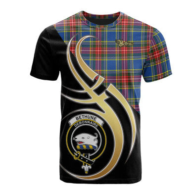 Scottish Bethune Clan Crest Tartan T-Shirt Believe in Me Front Side Tartan Plaid