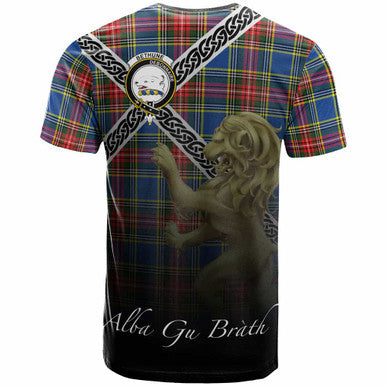 Scottish Bethune Clan Crest Tartan T-Shirt - Celtic With Scotland Lion Back Side Tartan Plaid