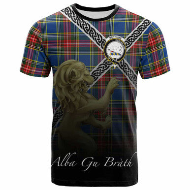 Scottish Bethune Clan Crest Tartan T-Shirt - Celtic With Scotland Lion Front Side Tartan Plaid