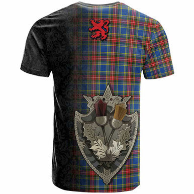 Scottish Bethune Clan Crest Tartan T-Shirt - Half Thistle Flowers Celtic Design Back Side Tartan Plaid