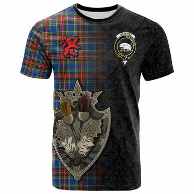 Scottish Bethune Clan Crest Tartan T-Shirt - Half Thistle Flowers Celtic Design Front Side Tartan Plaid