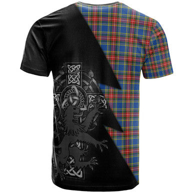 Scottish Bethune Clan Crest Tartan T-Shirt - Lion Rampant Celtic Cross Flash Style Back Side Tartan Plaid