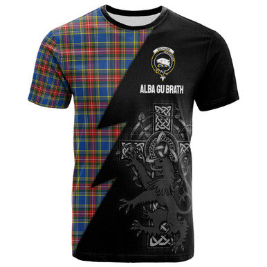 Scottish Bethune Clan Crest Tartan T-Shirt - Lion Rampant Celtic Cross Flash Style Front Side Tartan Plaid