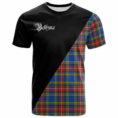 Scottish Bethune Clan Crest Tartan T-Shirt - Military Logo Front Side Tartan Plaid