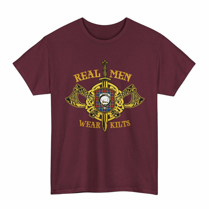 Scottish Bethune Clan Crest Tartan T-Shirt Real Men Wear Kilts Tartan Plaid Maroon Color