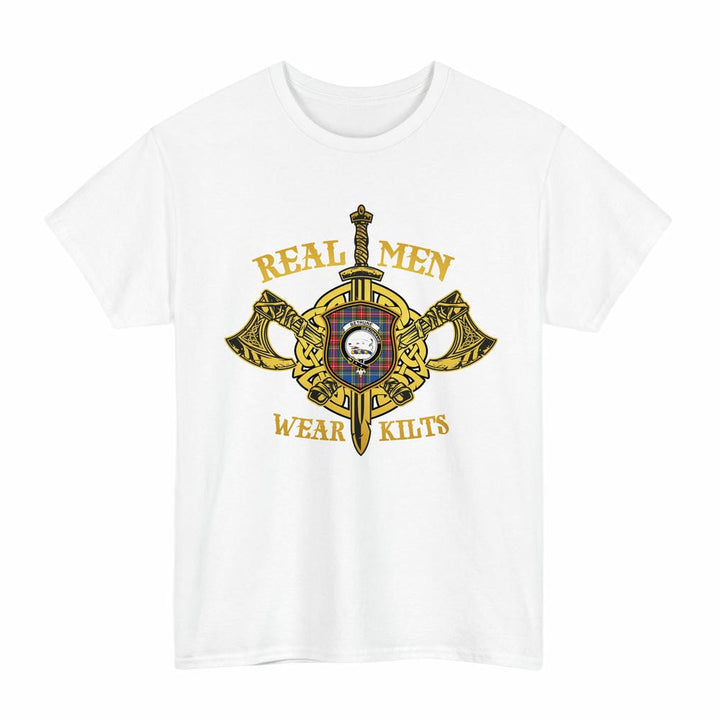 Scottish Bethune Clan Crest Tartan T-Shirt Real Men Wear Kilts Tartan Plaid White Color