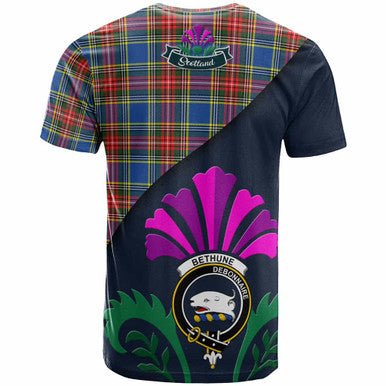 Scottish Bethune Clan Crest Tartan T-Shirt - Scotland Thistle Style Back Side Tartan Plaid