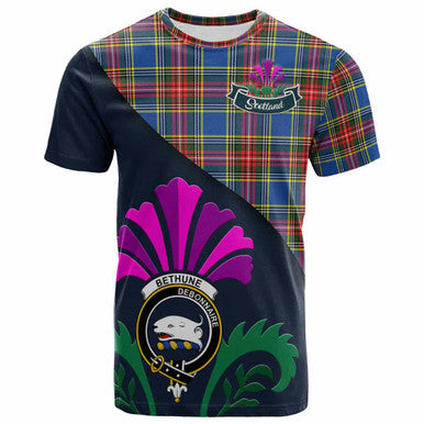 Scottish Bethune Clan Crest Tartan T-Shirt - Scotland Thistle Style Front Side Tartan Plaid