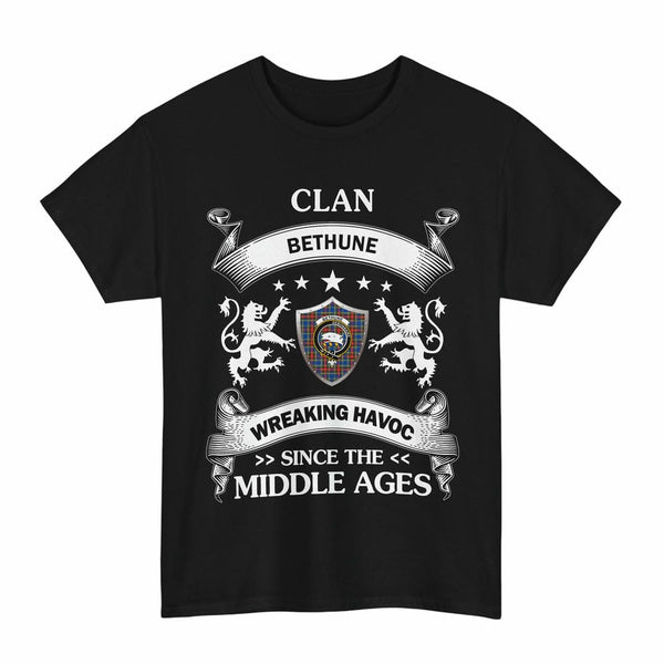 Scottish Bethune Clan Crest Tartan T-Shirt Wreaking Havoc Design Tartan Plaid Black Color