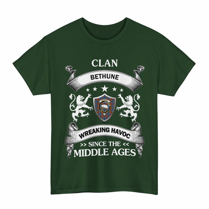 Scottish Bethune Clan Crest Tartan T-Shirt Wreaking Havoc Design Tartan Plaid Forest Green Color