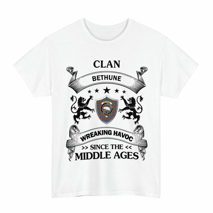 Scottish Bethune Clan Crest Tartan T-Shirt Wreaking Havoc Design Tartan Plaid White Color